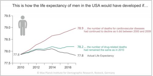 CAPTION The figure displays the results of a simulation that examines the size of the influence of each of the two causes of death. The simulation shows how the life expectancy of 25-year-old American men would have developed between 2010 and 2017 if the number of drug-related deaths had remained constant, and how it would have developed if the number of deaths from cardiovascular diseases had declined to the same extent as it did between 2000 and 2009. (The simulation calculates the remaining life expectancy of 25-year-olds; in the figure, these 25 years are added to the total life expectancy.) CREDIT MPIDR
