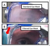 This shows the 5-minute image of the standard eye mask and the filtered eye mask, which demonstrated how a mask without a filter can really get fogged up.