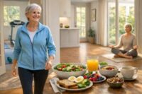 Healthy aging routine of seniors with exercise, yoga, nutrition and sleep