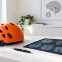 Bicycle helmet beside brain MRI scan on medical desk representing traumatic brain injury assessment