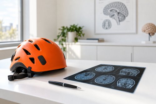 Bicycle helmet beside brain MRI scan on medical desk representing traumatic brain injury assessment