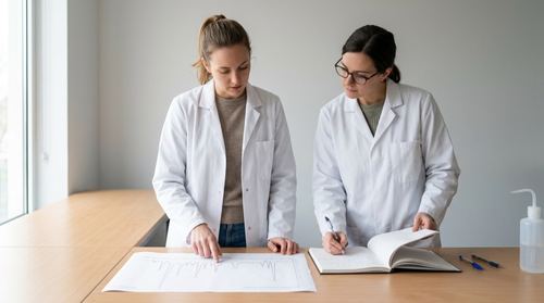 Two lab scientists reviewing a chromatogram printout and a maintenance logbook at a bench