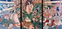 Amaterasu emerging from the cave, Ama-no-Iwato, to which she once retreated (painted by Kunisada)- Wikipedia image.jpg