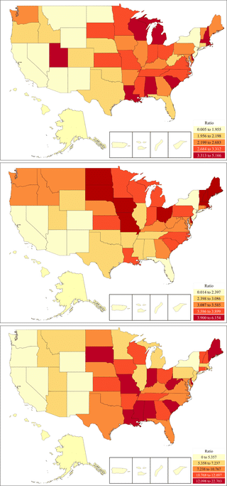 Heat map of per capita of amphetamine (A, top), methylphenidate (B, middle), or lisdexamfetamine (C, bottom) as reported to the Drug Enforcement Administration in 2016. Ratio relative to the lowest state (amphetamine = 25.52 mg/capita, methylphenidate = 19.70 mg/capita, lisdexamfetamine = 3.63 mg/capita).