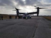 A U.S. Marine Core MV-22 tilt-rotor aircraft lands at Wright -Patterson Air Force Base for upcoming military aerospace medical research at Naval Medical Research Unit – Dayton and 711th Human Performance Wing. (U.S. Navy photo by Public Affairs, Naval Medical Research Unit - Dayton)