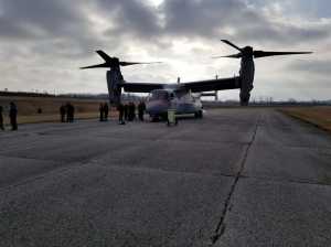 A U.S. Marine Core MV-22 tilt-rotor aircraft lands at Wright -Patterson Air Force Base for upcoming military aerospace medical research at Naval Medical Research Unit – Dayton and 711th Human Performance Wing. (U.S. Navy photo by Public Affairs, Naval Medical Research Unit - Dayton)  